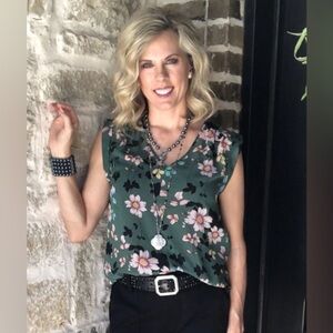 CAbi Teal and Pink Floral Blouse-Sheer-Cami not included. Size Medium